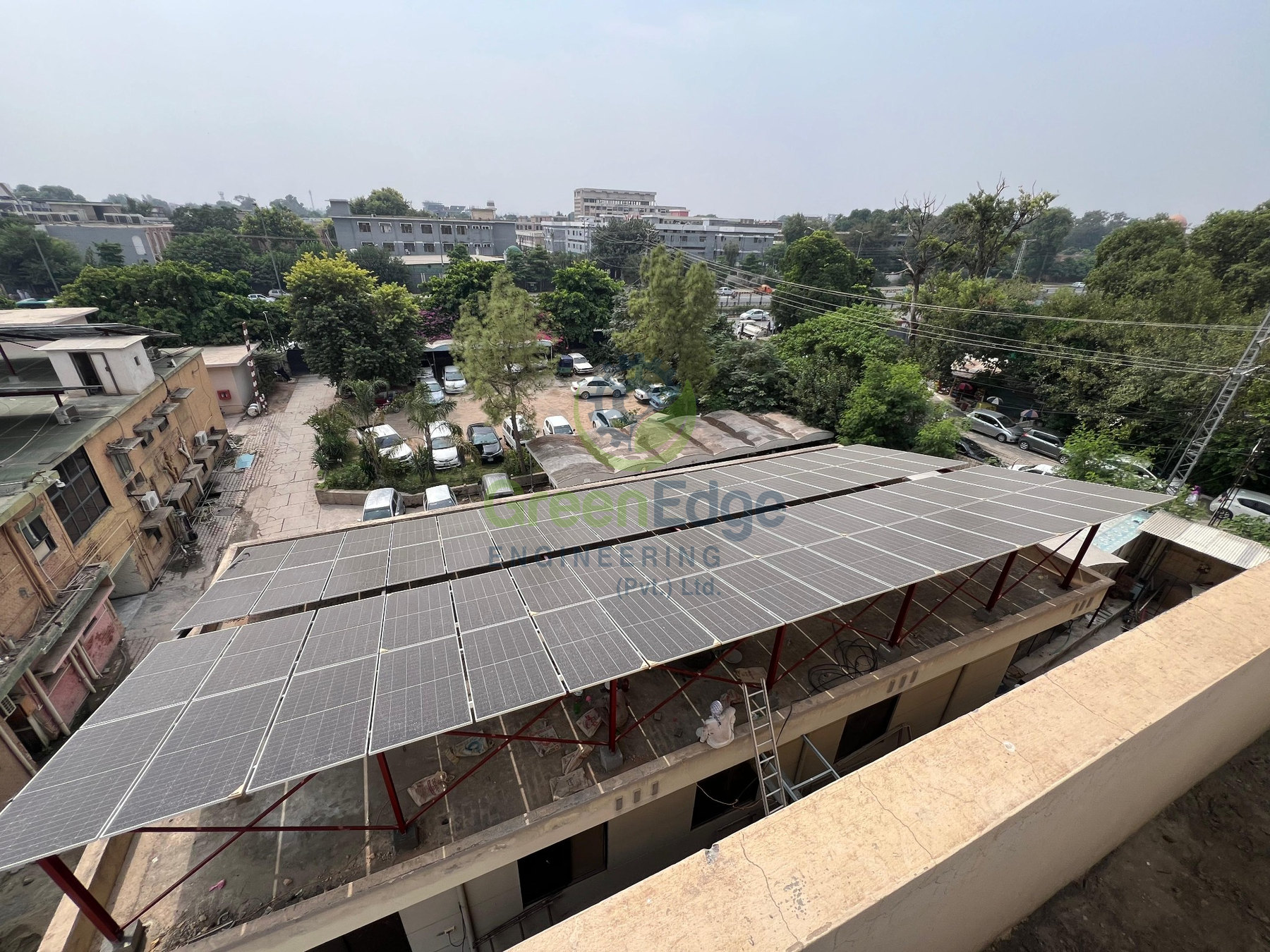 Rooftop solar installation overlooking the campus