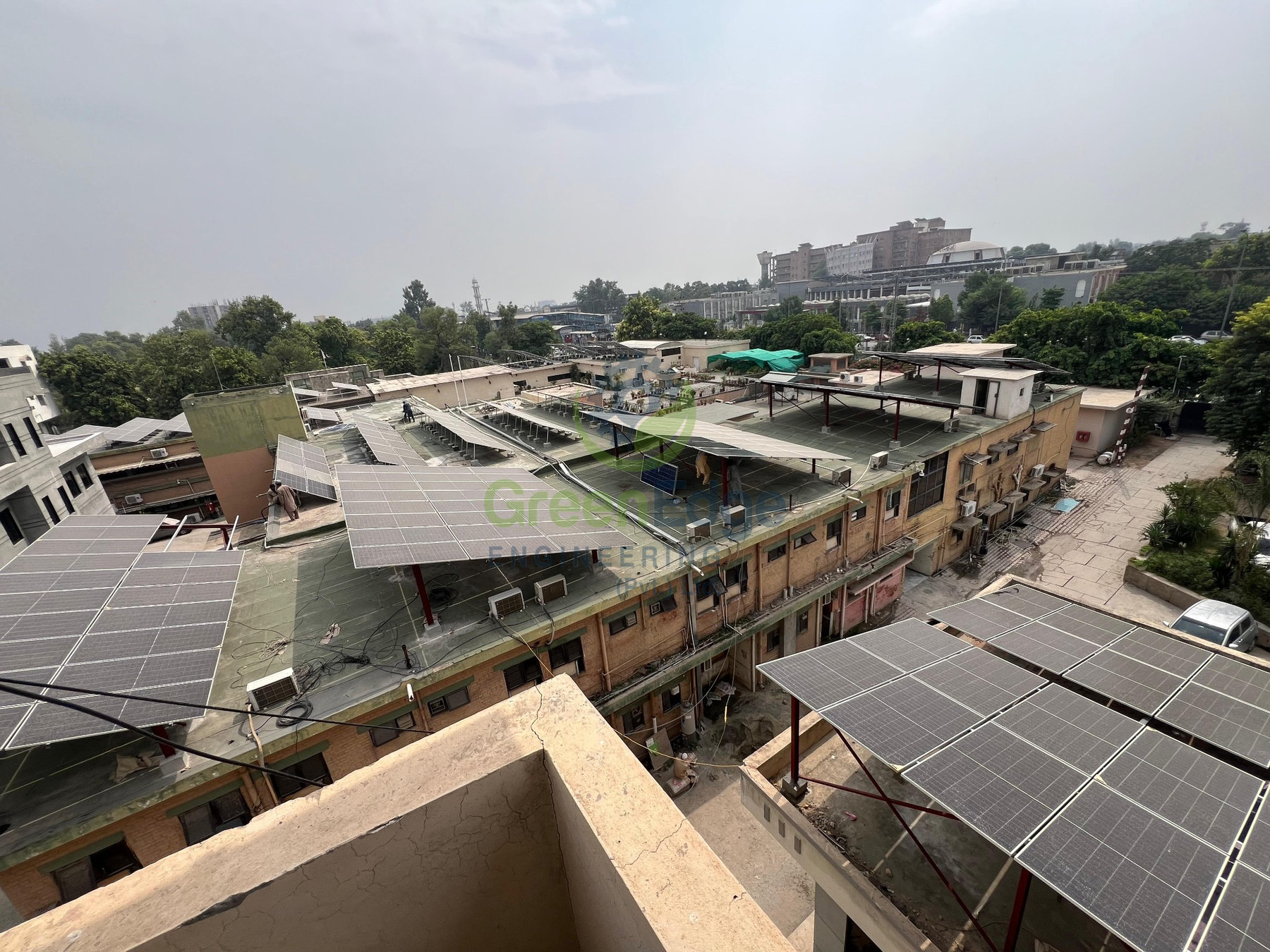 Solar arrays across hospital rooftops